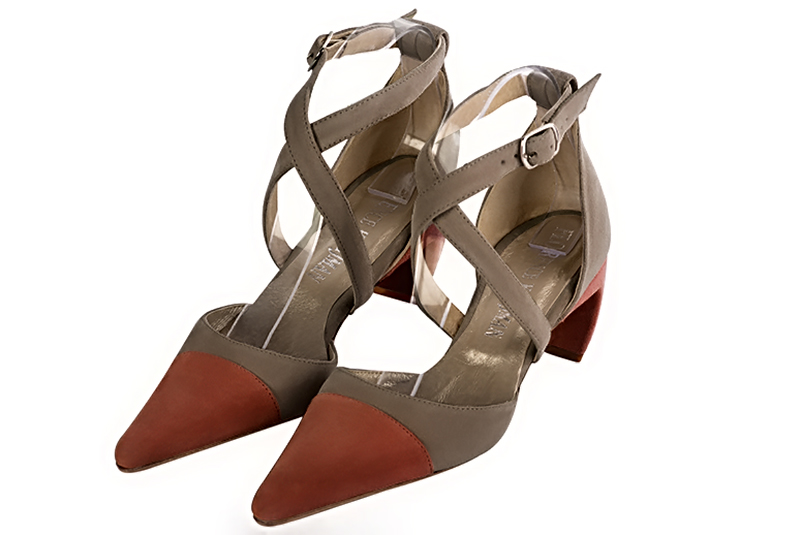 Terracotta orange and taupe brown women's open side shoes, with crossed straps. Pointed toe. Medium comma heels. Front view - Florence KOOIJMAN